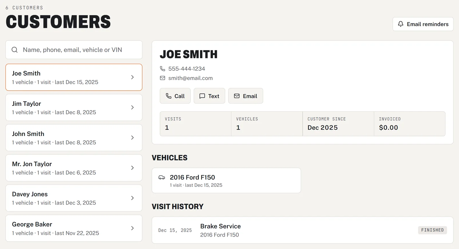 Customers page: a searchable customer list with call, text and email buttons, visit count, vehicles and visit history
