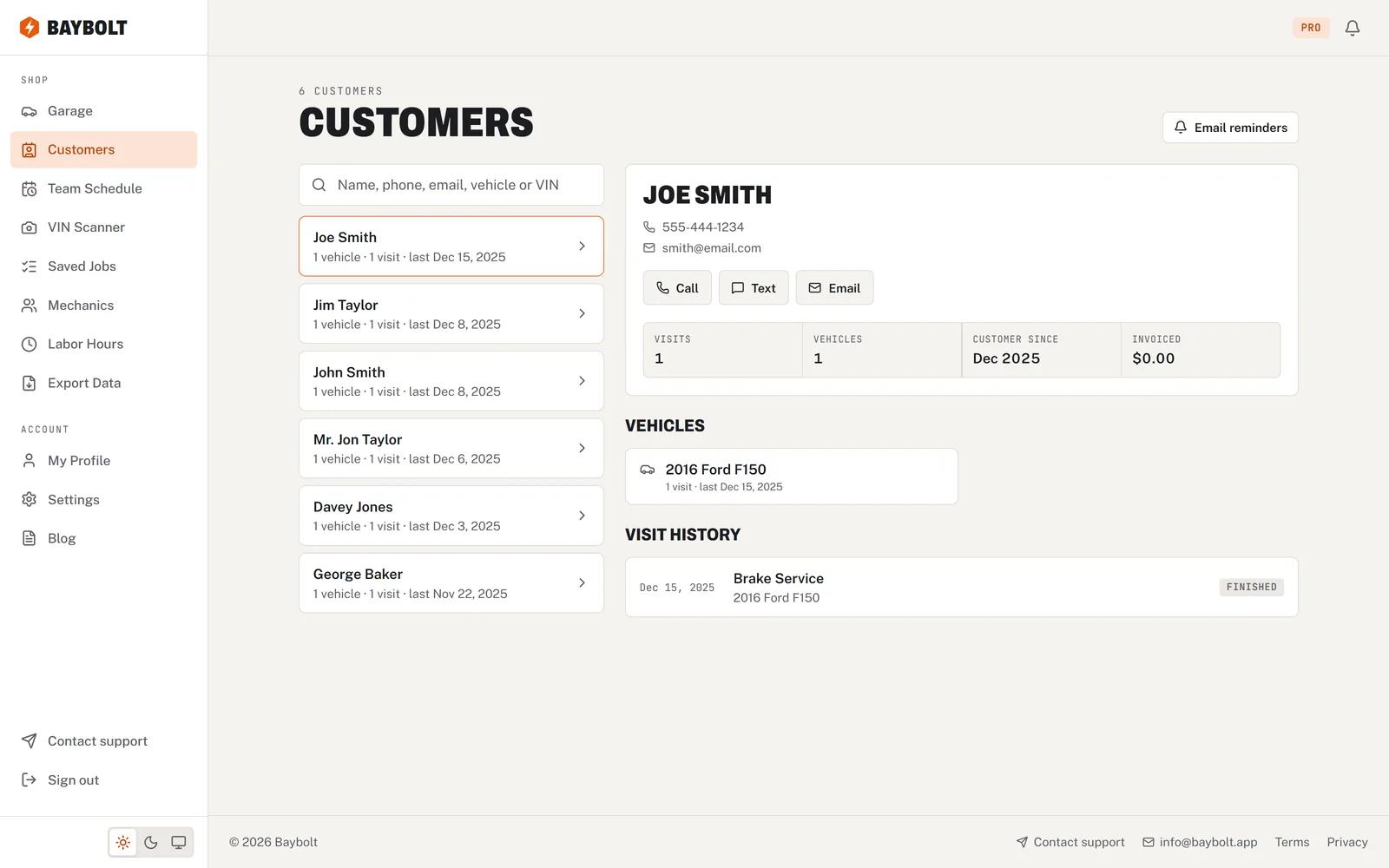 The Baybolt app on a computer: the Customers page showing a customer’s contact details, vehicle and visit history, with the side menu listing Garage, Customers, Team Schedule, VIN Scanner, Saved Jobs, Mechanics and Labor Hours