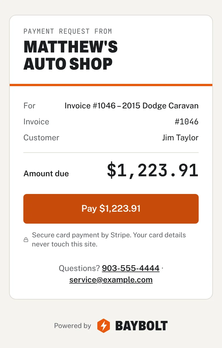 What the customer sees on their phone: the shop name, invoice, amount due and a Pay button