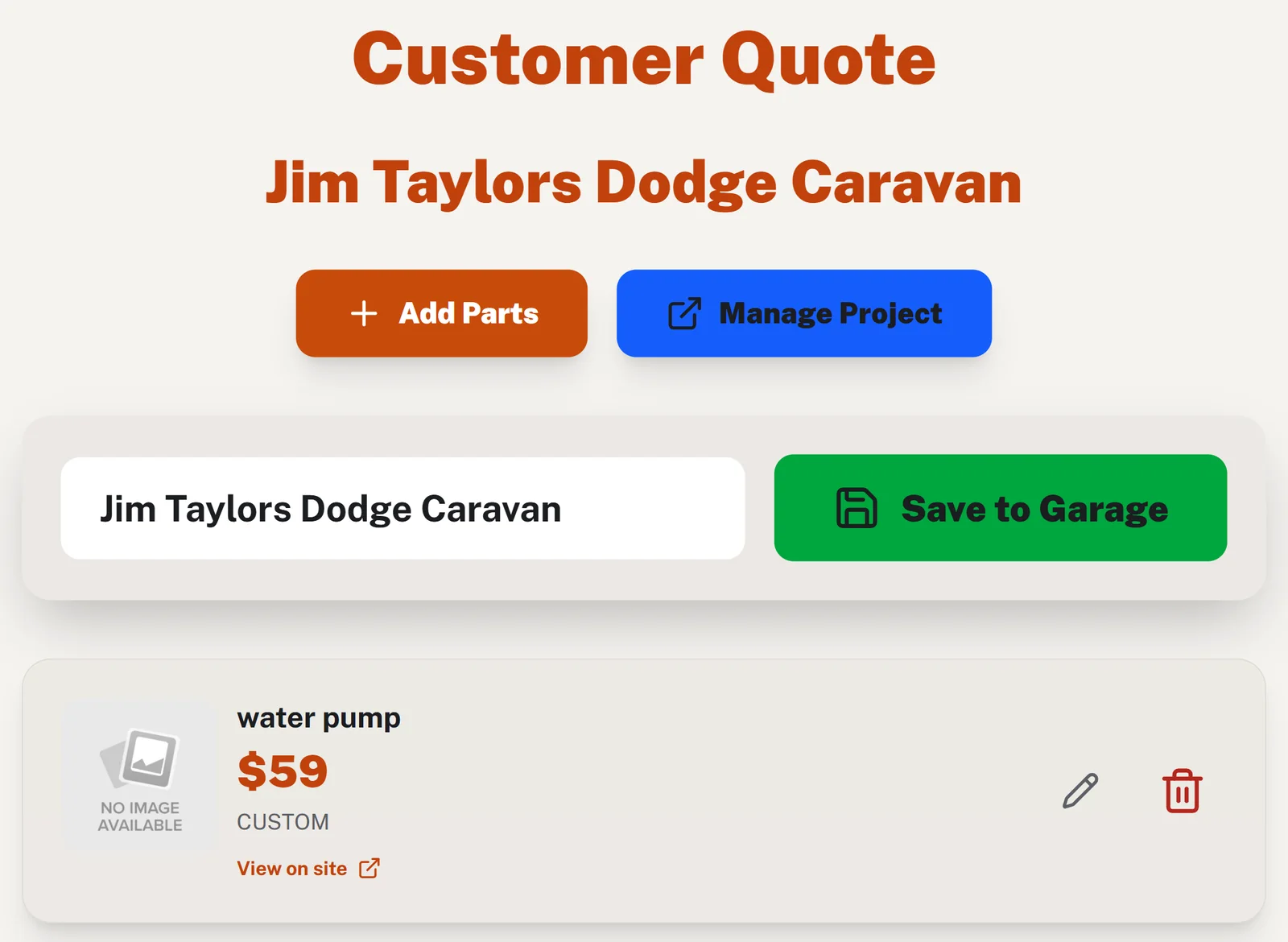 Customer quote for a 2015 Dodge Caravan with a water pump part and price