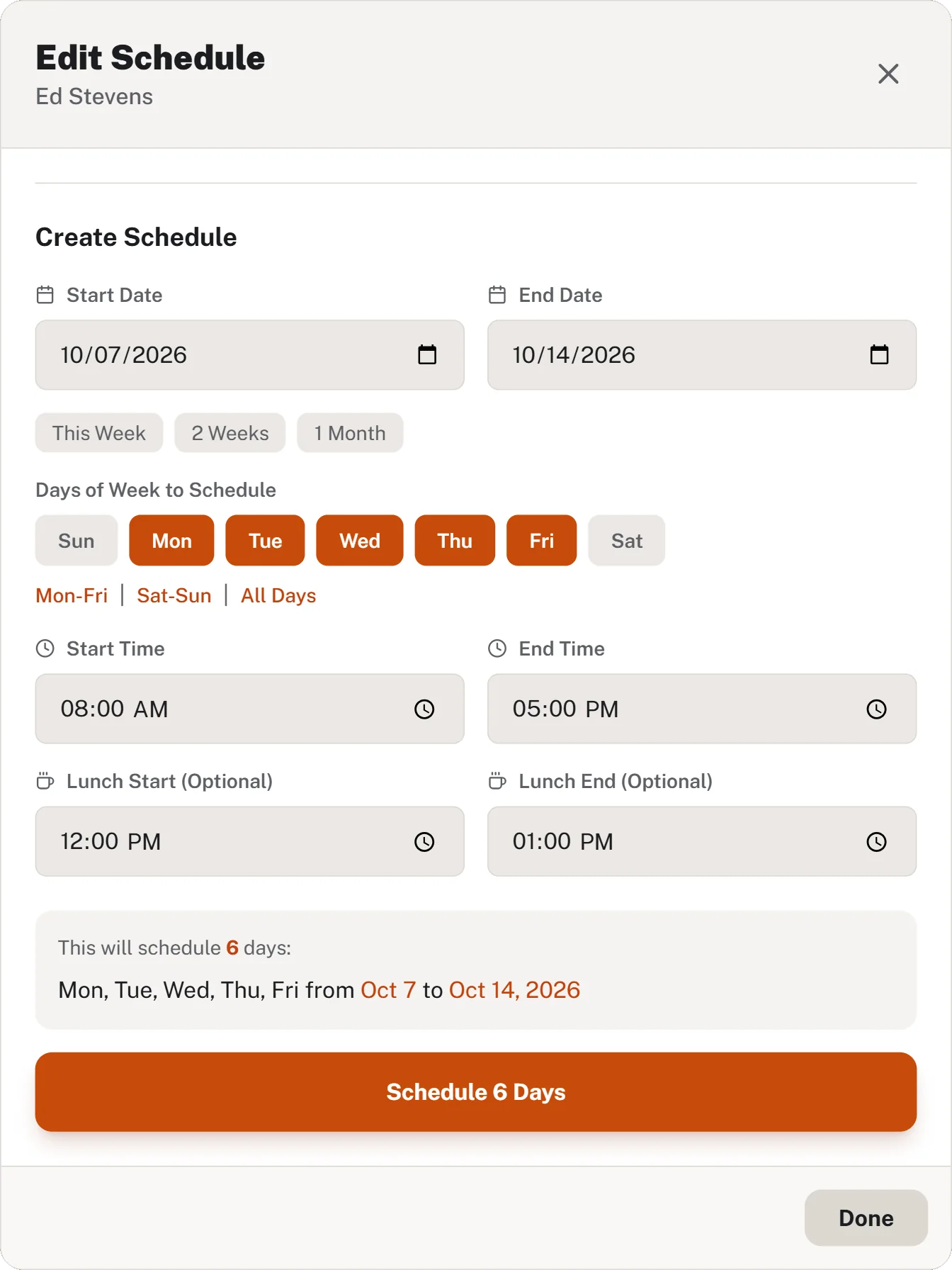 Setting a mechanic’s schedule for a date range: weekdays, start and end time, and lunch break
