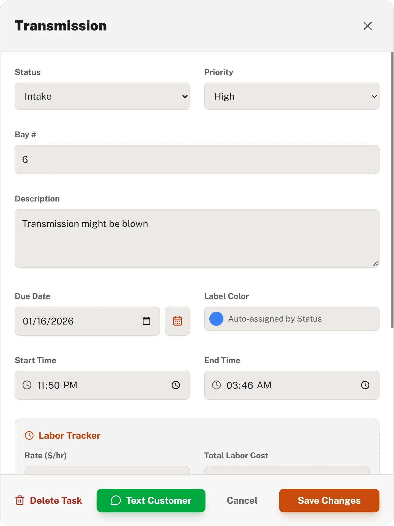 A job task with status, priority, bay number and description