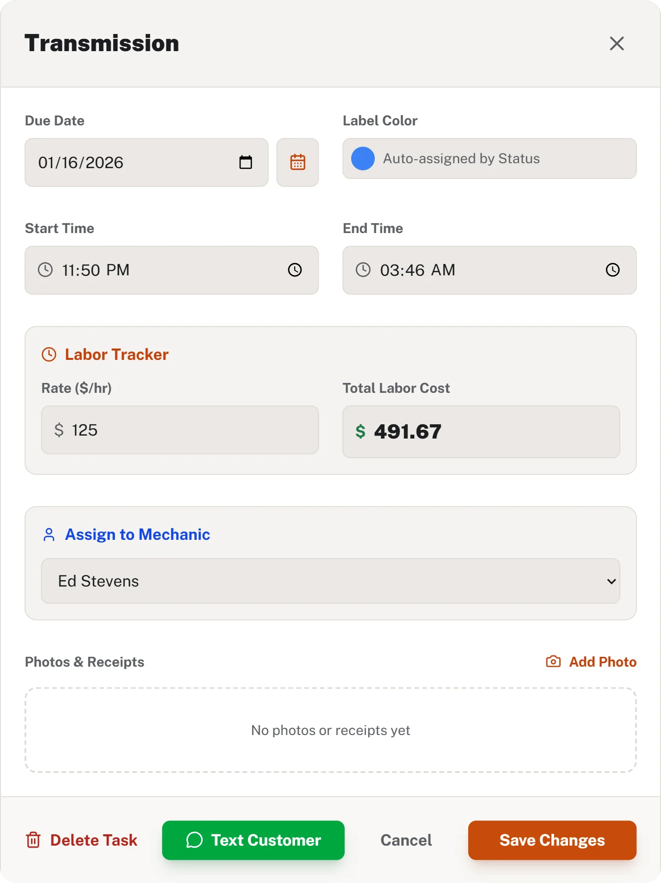 A job task with start and end time, labor rate and total labor cost, assigned mechanic, and photos